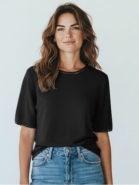 VTG Sag Harbor Petite Black Short Sleeve Sweater Crochet Trim Knit Top 90s M